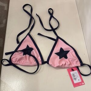 Edikted Pink and Navy Blue Triangle Bikini Top with Star Design